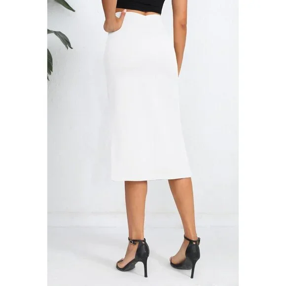 Women's White Stretch Office Fishtail Pencil High Waist Bodycon Slit Midi Skirt - Picture 6 of 6